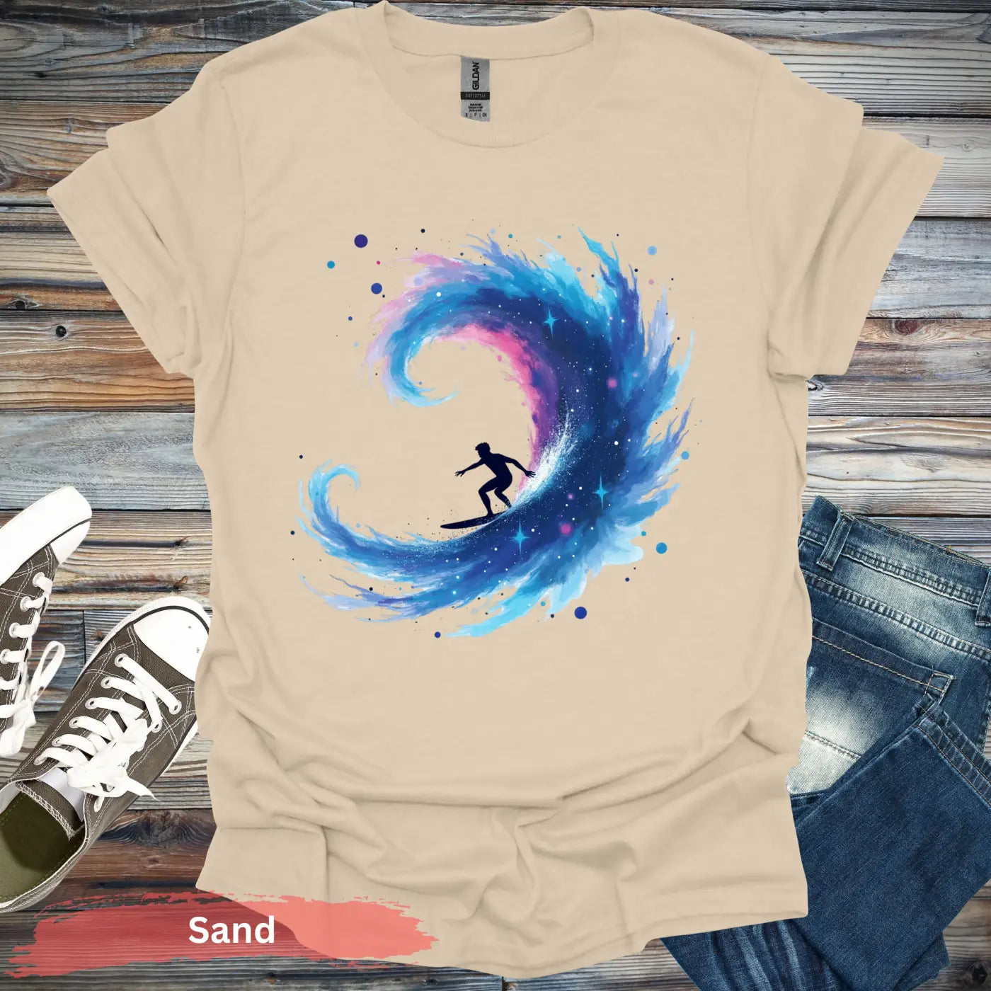 Galactic Surfing Adventure T-shirt - S / Sand - Physical Item