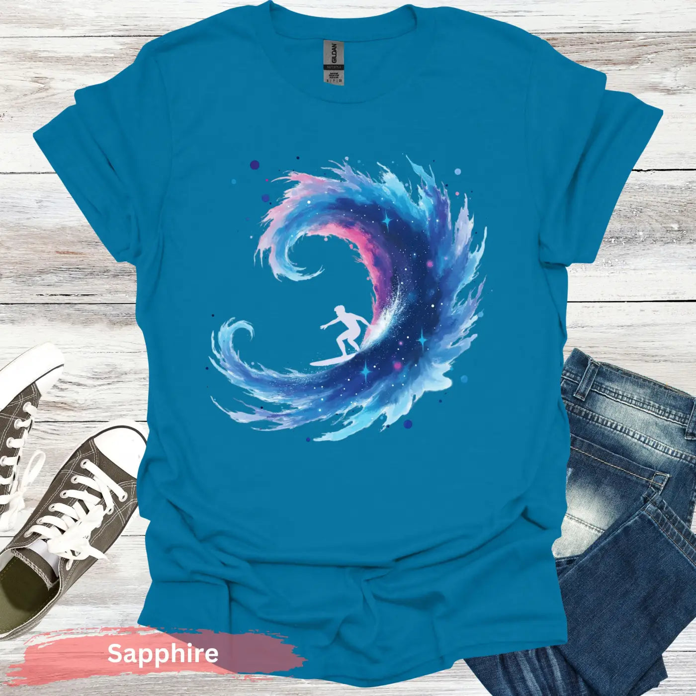 Galactic Surfing Adventure T-shirt - S / Sapphire - Physical Item