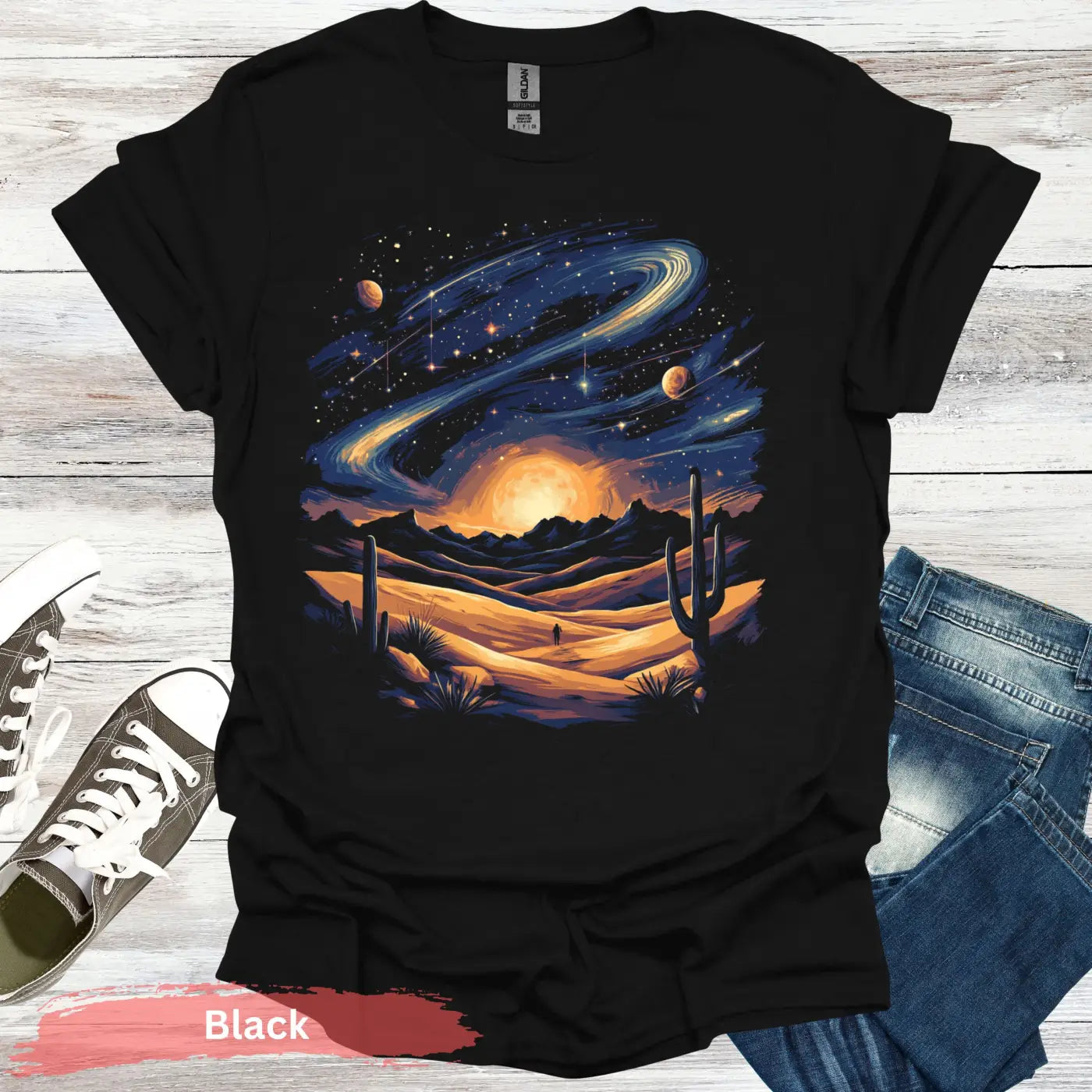 Galaxy Desert Landscape T-Shirt - S / Black - Physical Item