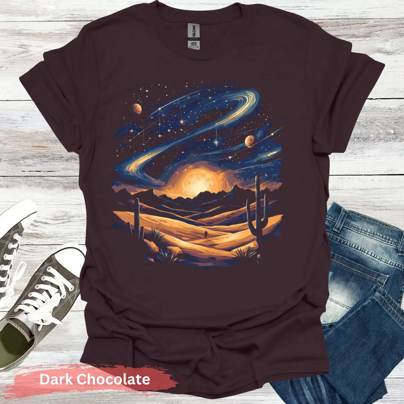 Galaxy Desert Landscape T-Shirt - S / Dark Chocolate - Physical Item