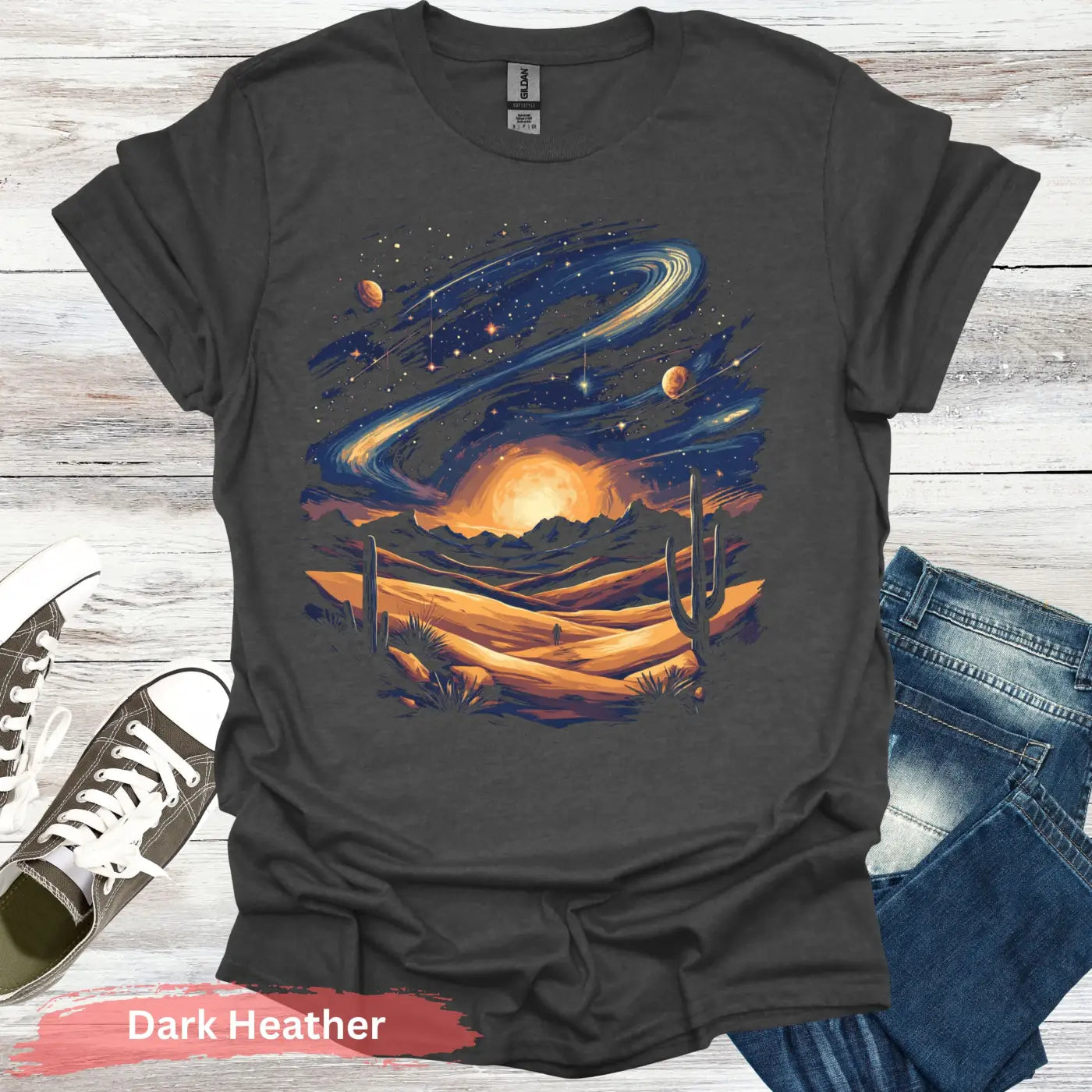 Galaxy Desert Landscape T-Shirt - S / Dark Heather - Physical Item
