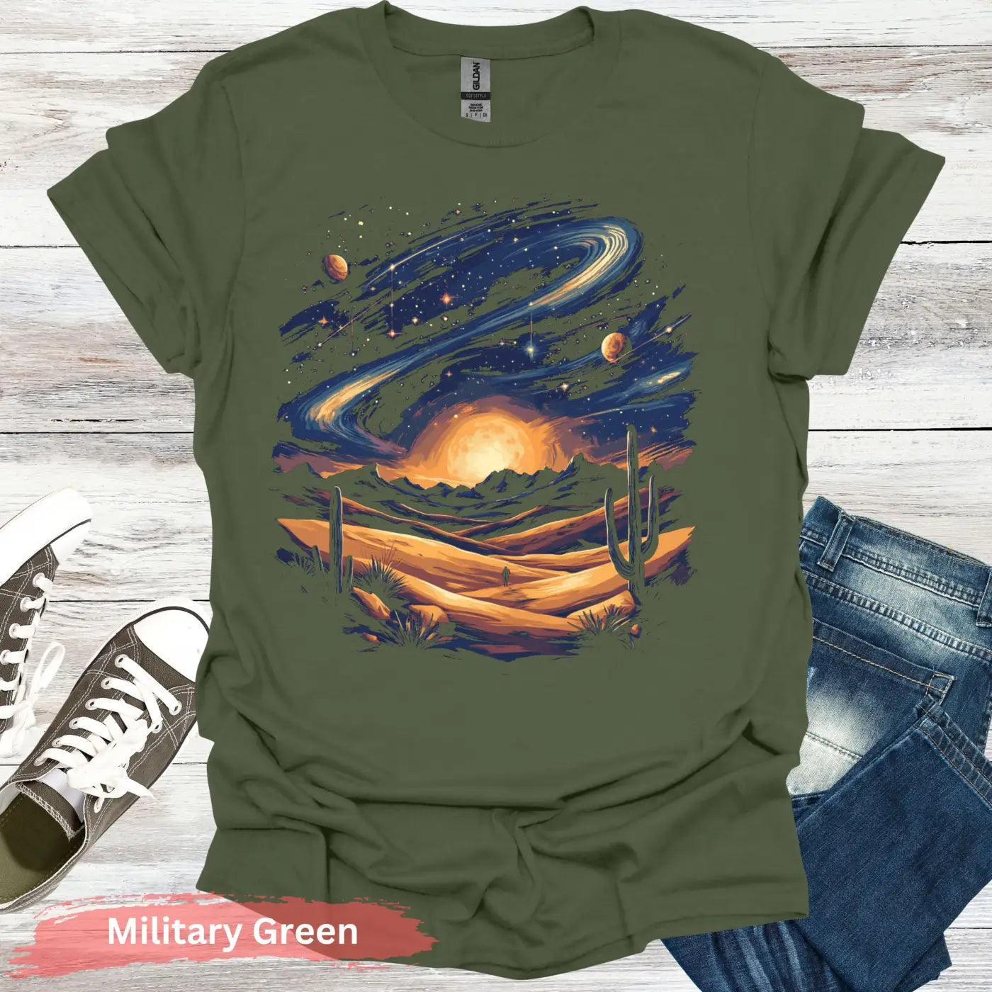 Galaxy Desert Landscape T-Shirt - S / Military Green - Physical Item