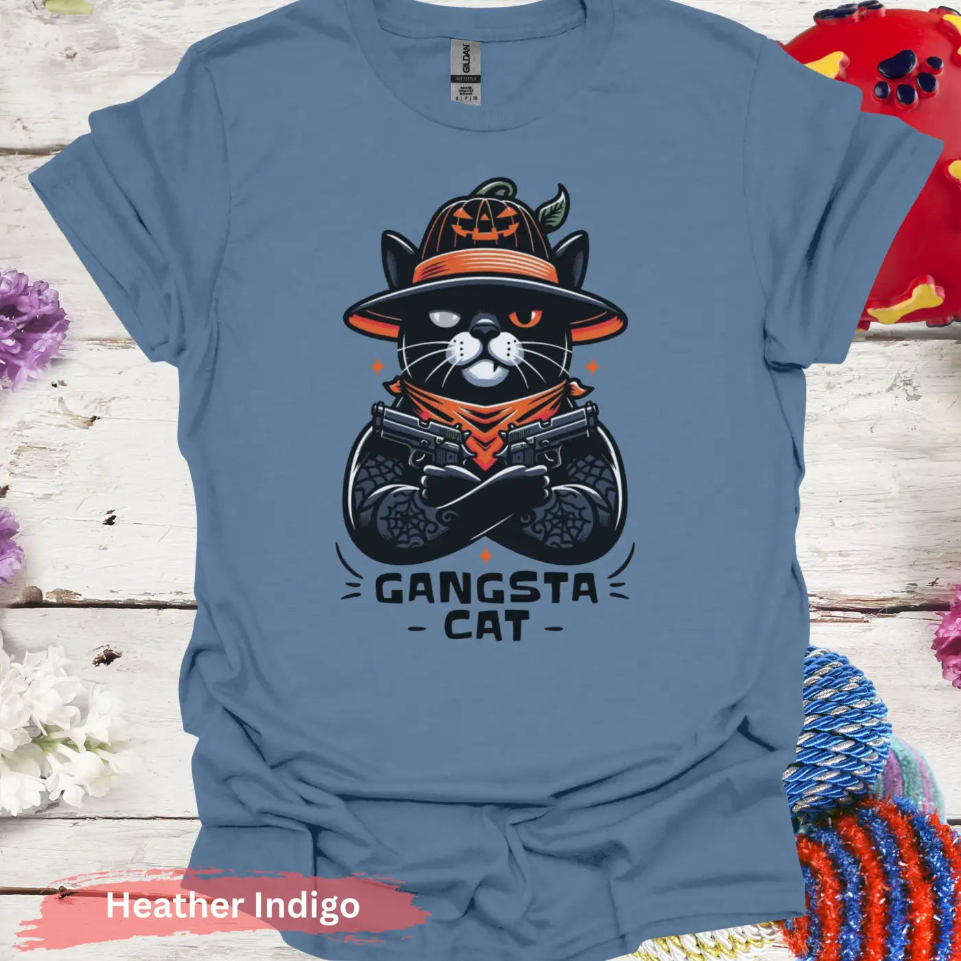 Gangsta Cat T-shirt - S / Heather Indigo - Physical Item