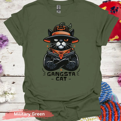 Gangsta Cat T-shirt - S / Military Green - Physical Item