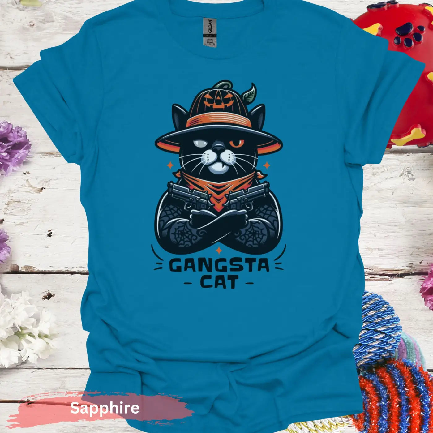 Gangsta Cat T-shirt - S / Sapphire - Physical Item