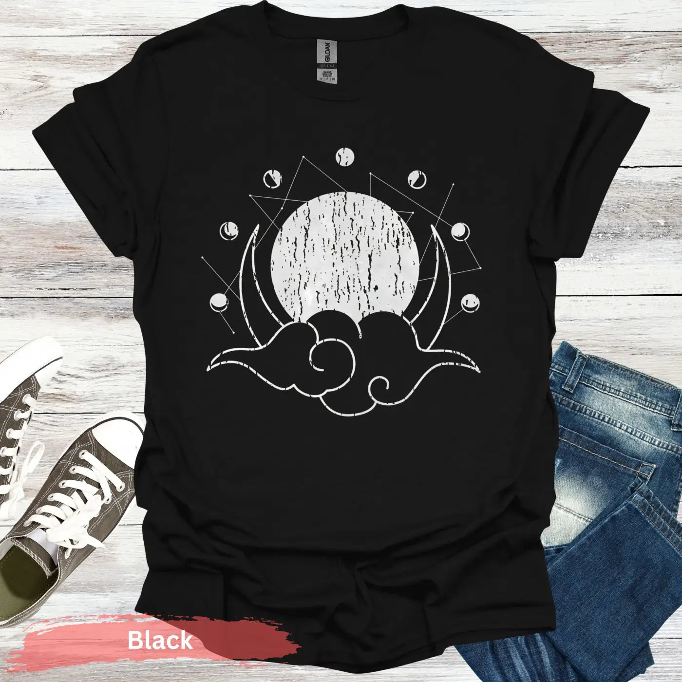 Geometric Moon Phases T-Shirt - S / Black - Physical Item