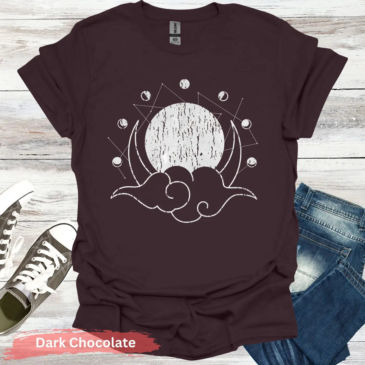 Geometric Moon Phases T-Shirt - S / Dark Chocolate - Physical Item