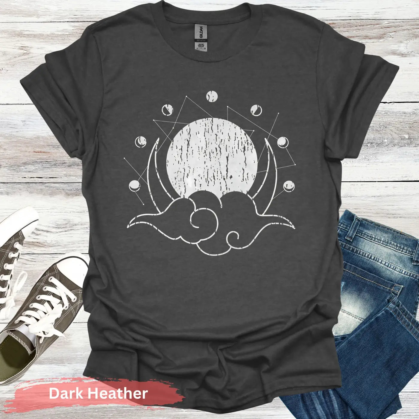 Geometric Moon Phases T-Shirt - S / Dark Heather - Physical Item