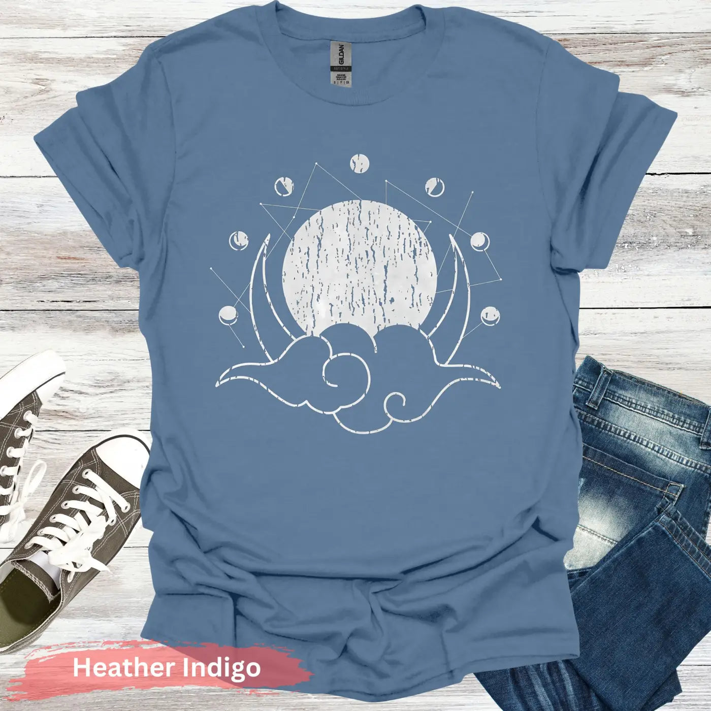 Geometric Moon Phases T-Shirt - S / Heather Indigo - Physical Item