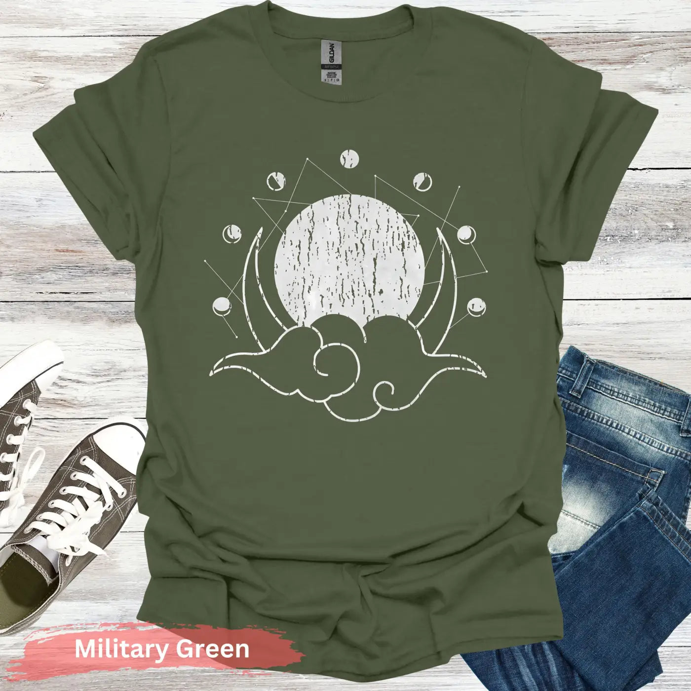Geometric Moon Phases T-Shirt - S / Military Green - Physical Item