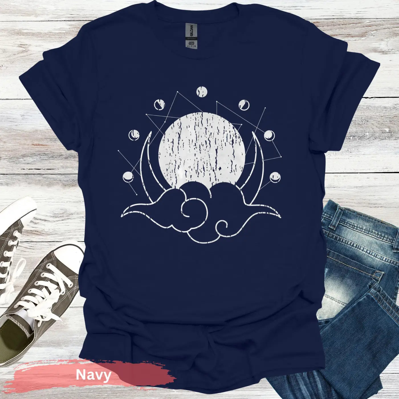 Geometric Moon Phases T-Shirt - S / Navy - Physical Item