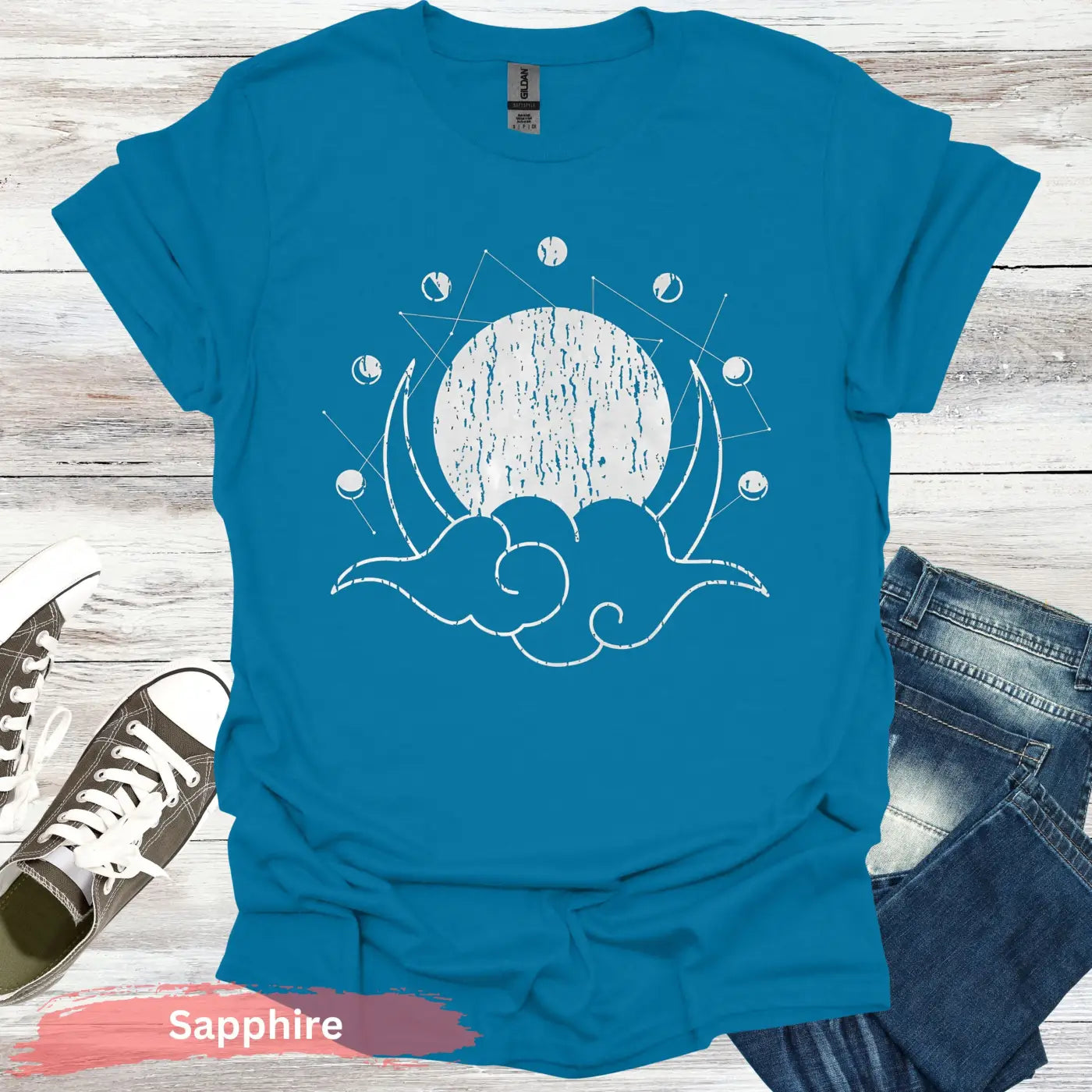 Geometric Moon Phases T-Shirt - S / Sapphire - Physical Item