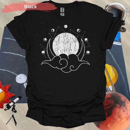 Geometric Moon Phases with Clouds T-Shirt - S / Black - Physical Item