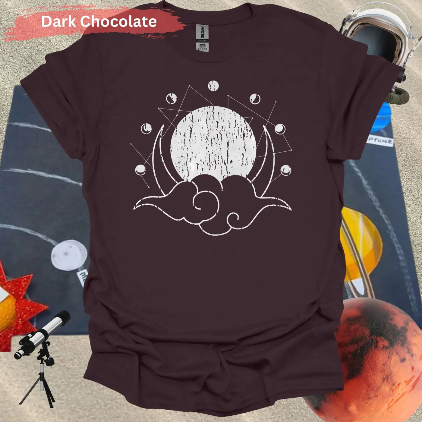 Geometric Moon Phases with Clouds T-Shirt - S / Dark Chocolate - Physical Item