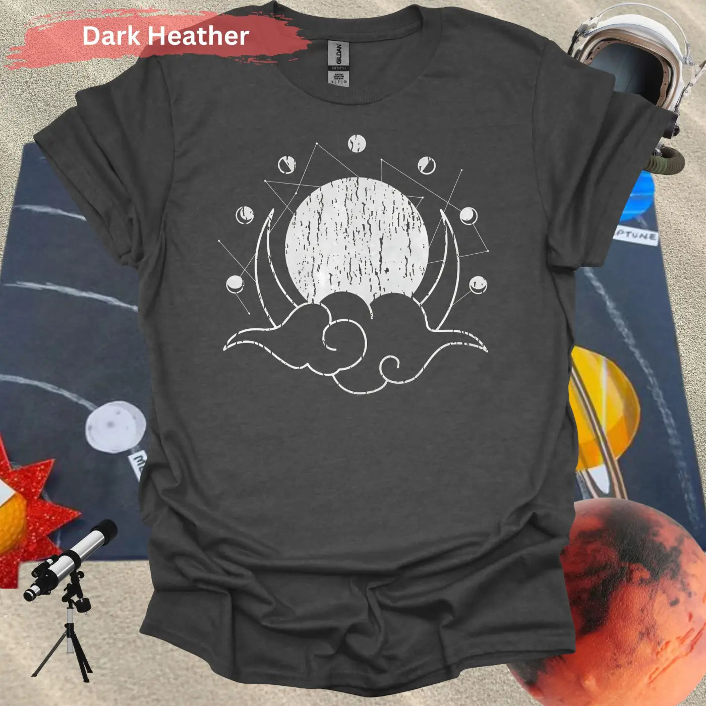 Geometric Moon Phases with Clouds T-Shirt - S / Dark Heather - Physical Item