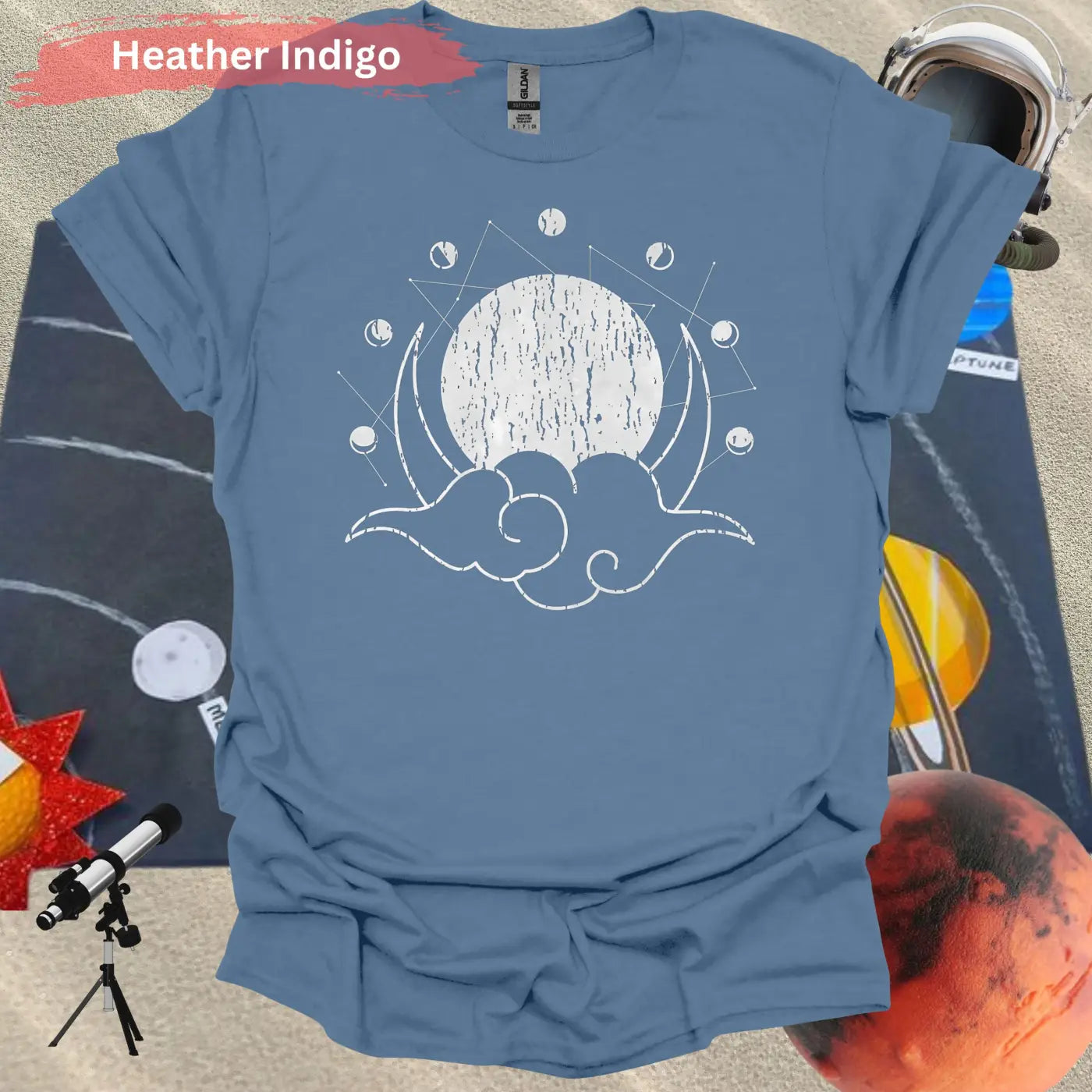 Geometric Moon Phases with Clouds T-Shirt - S / Heather Indigo - Physical Item