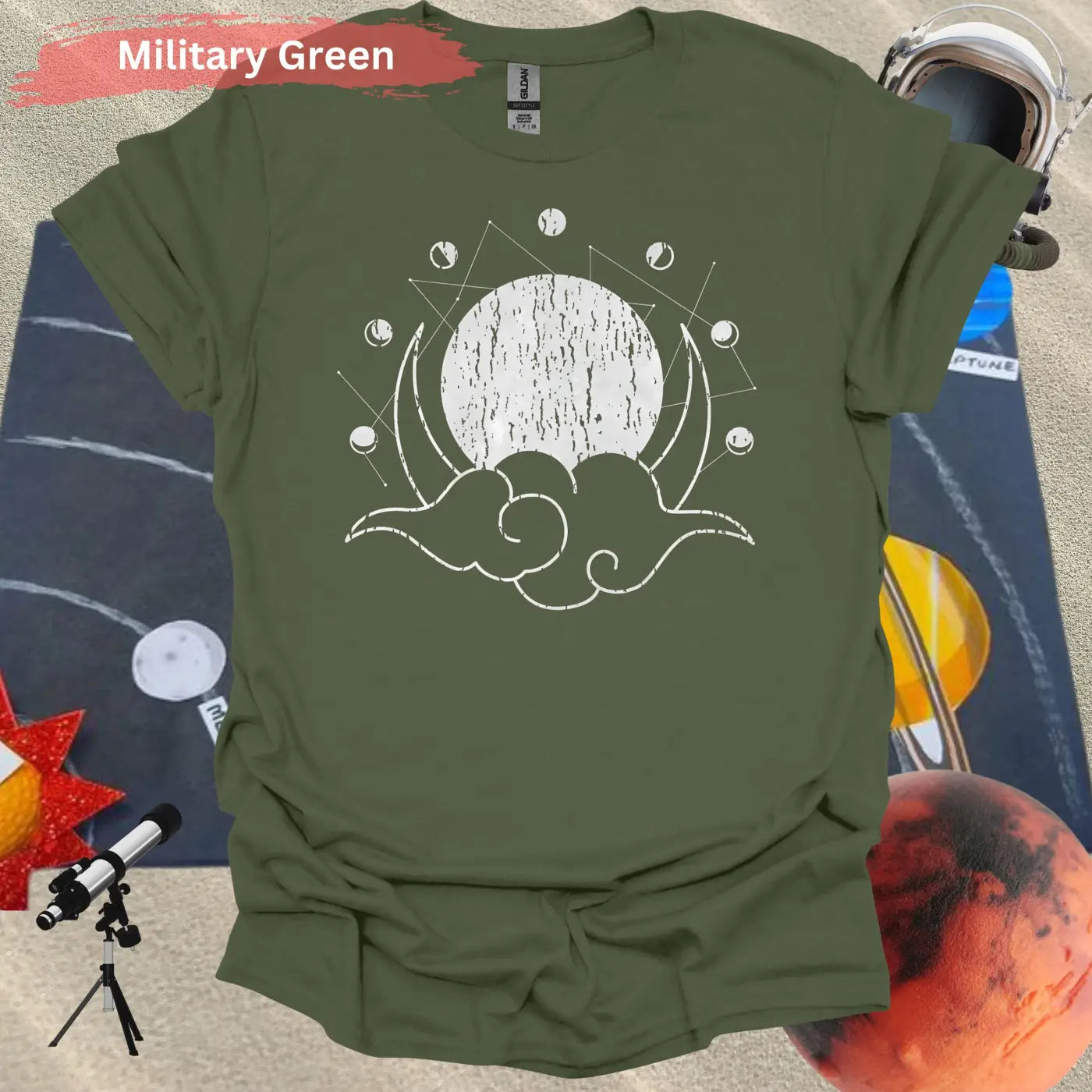 Geometric Moon Phases with Clouds T-Shirt - S / Military Green - Physical Item