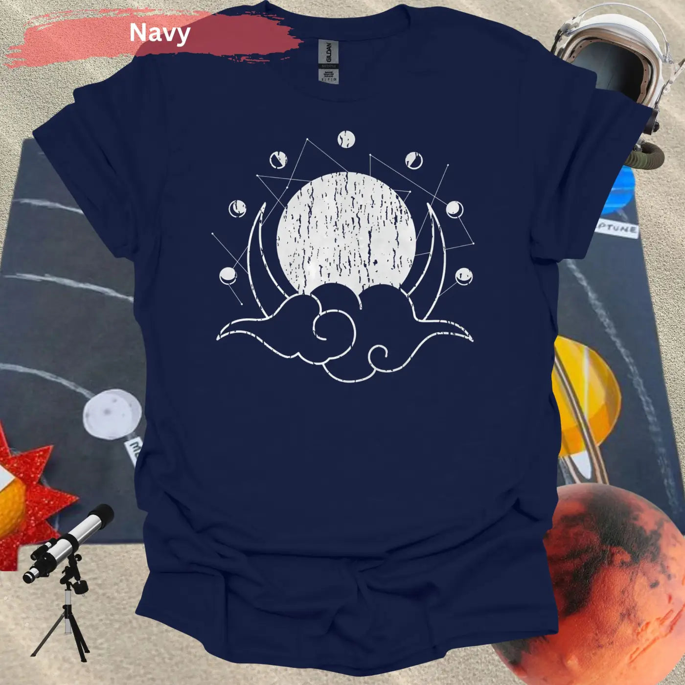 Geometric Moon Phases with Clouds T-Shirt - S / Navy - Physical Item