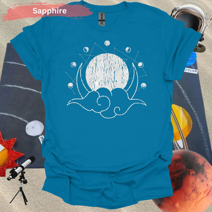 Geometric Moon Phases with Clouds T-Shirt - S / Sapphire - Physical Item