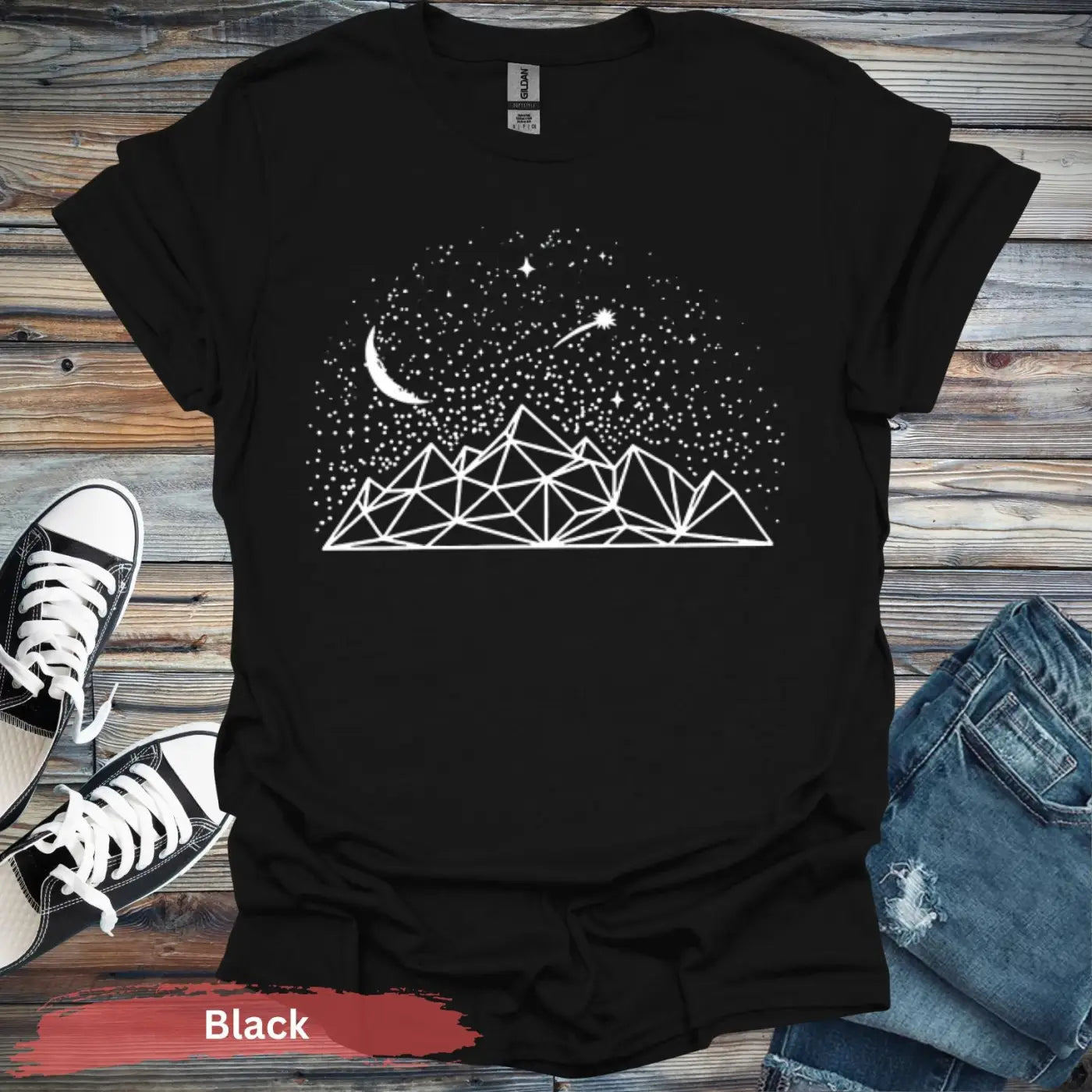 Geometric Mountains and Stars T-Shirt - S / Black - Physical Item