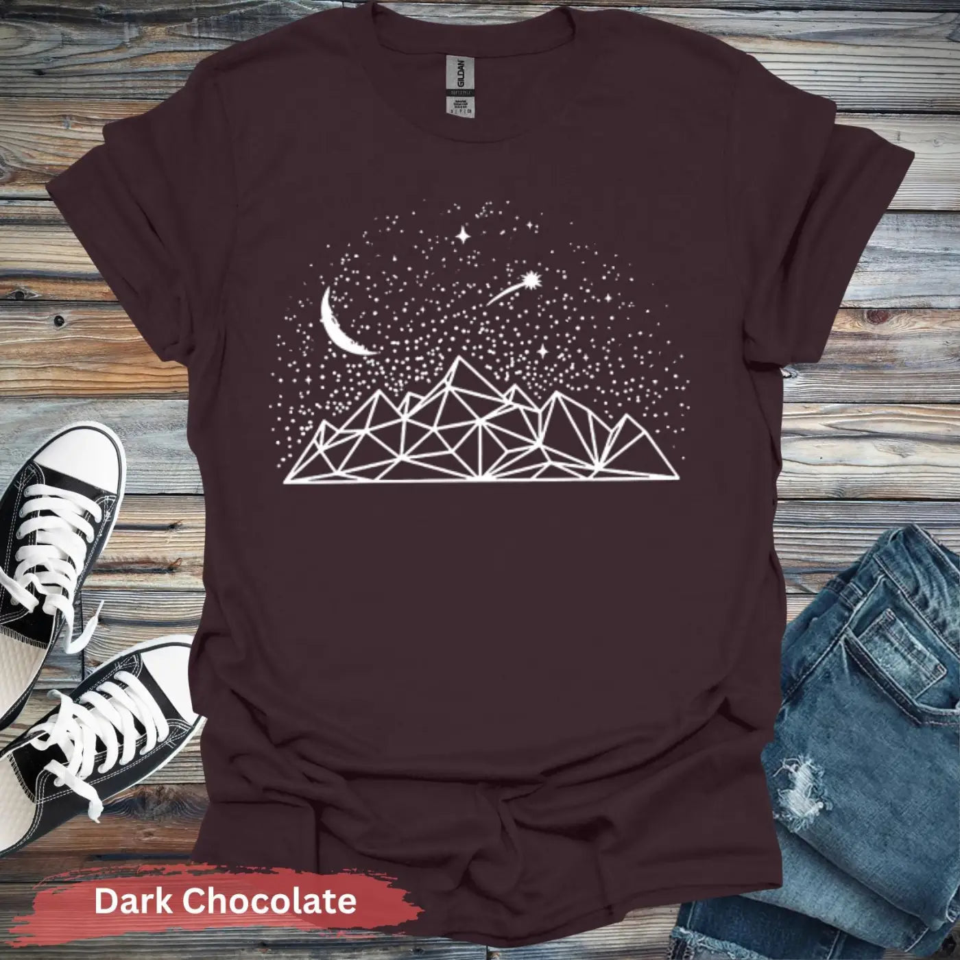 Geometric Mountains and Stars T-Shirt - S / Dark Chocolate - Physical Item