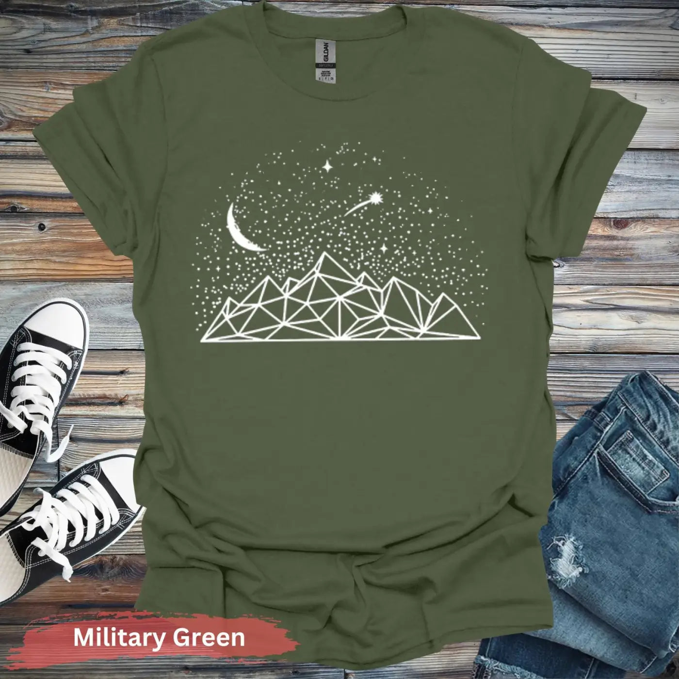 Geometric Mountains and Stars T-Shirt - S / Military Green - Physical Item