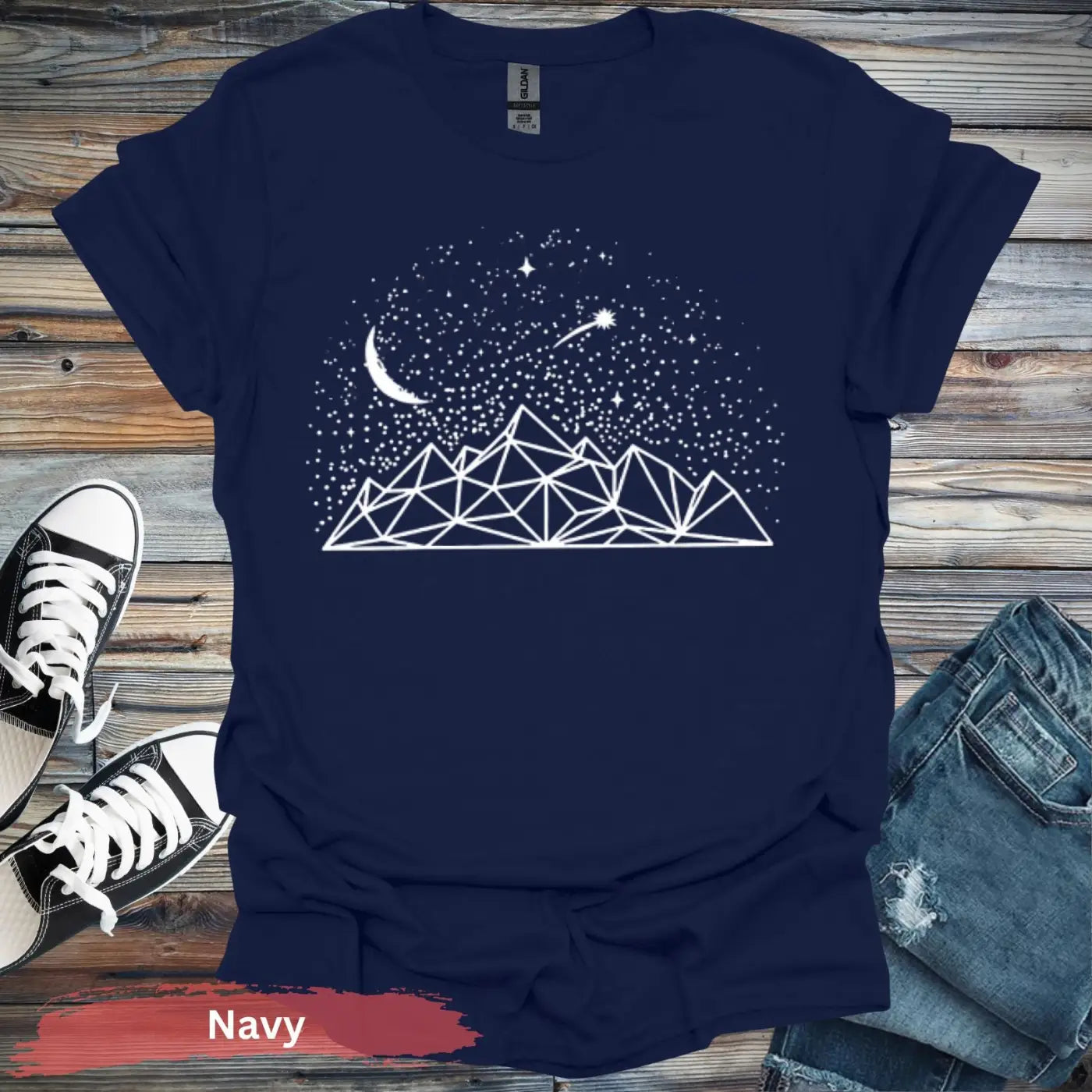 Geometric Mountains and Stars T-Shirt - S / Navy - Physical Item