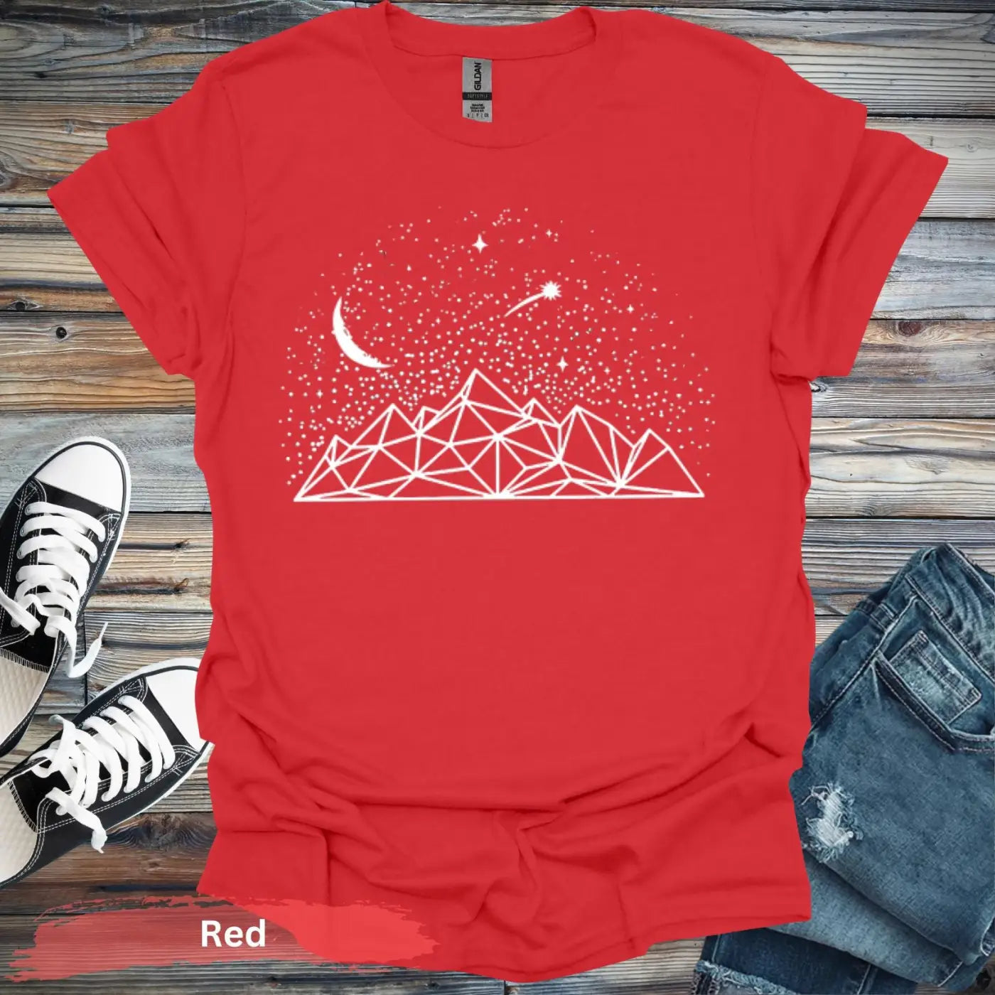 Geometric Mountains and Stars T-Shirt - S / Red - Physical Item