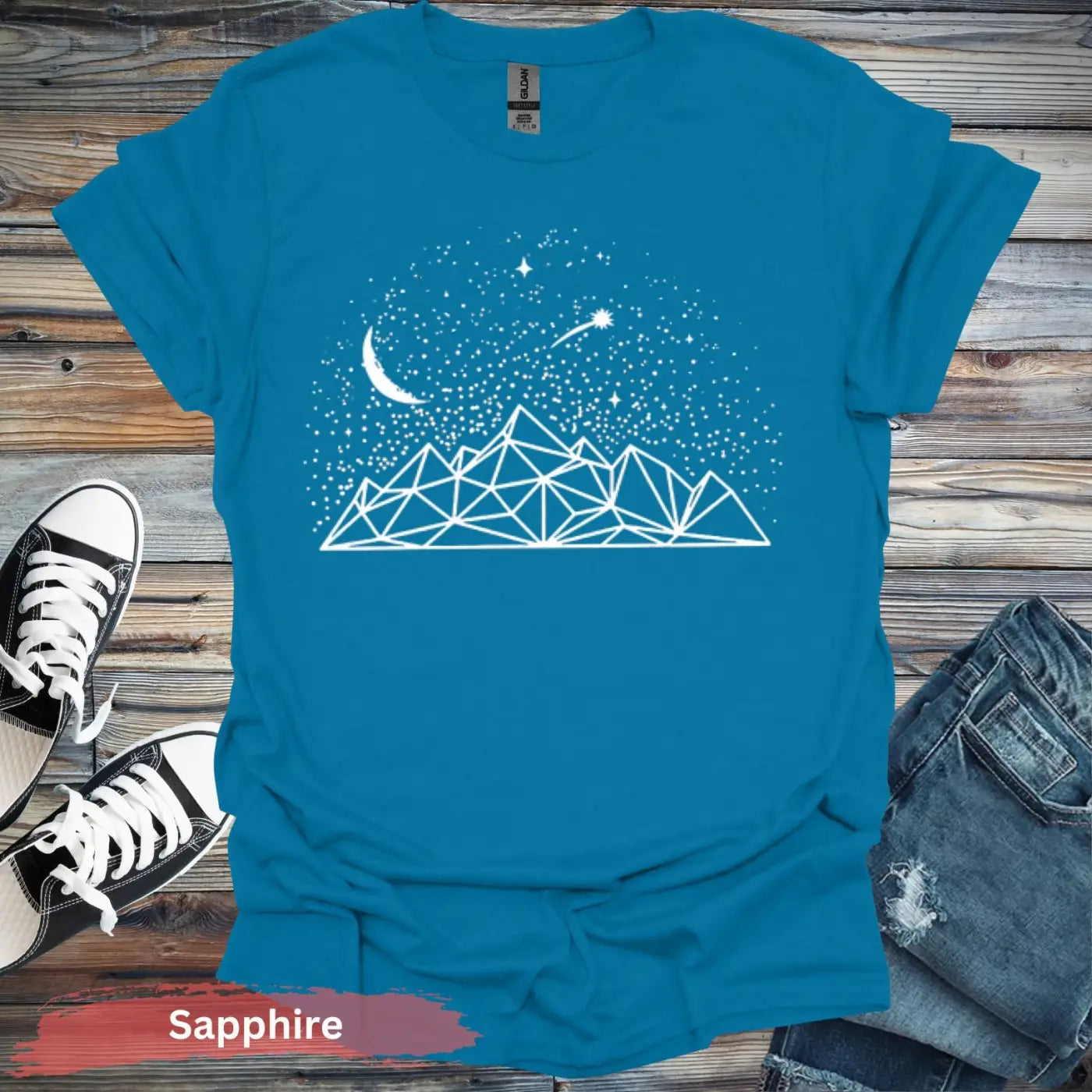 Geometric Mountains and Stars T-Shirt - S / Sapphire - Physical Item