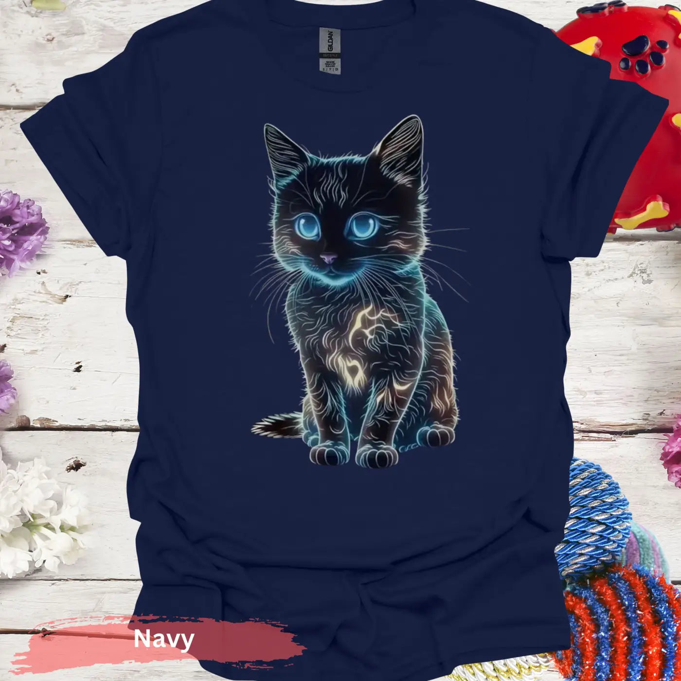 Glowing Neon Cat T-shirt - S / Navy - Physical Item