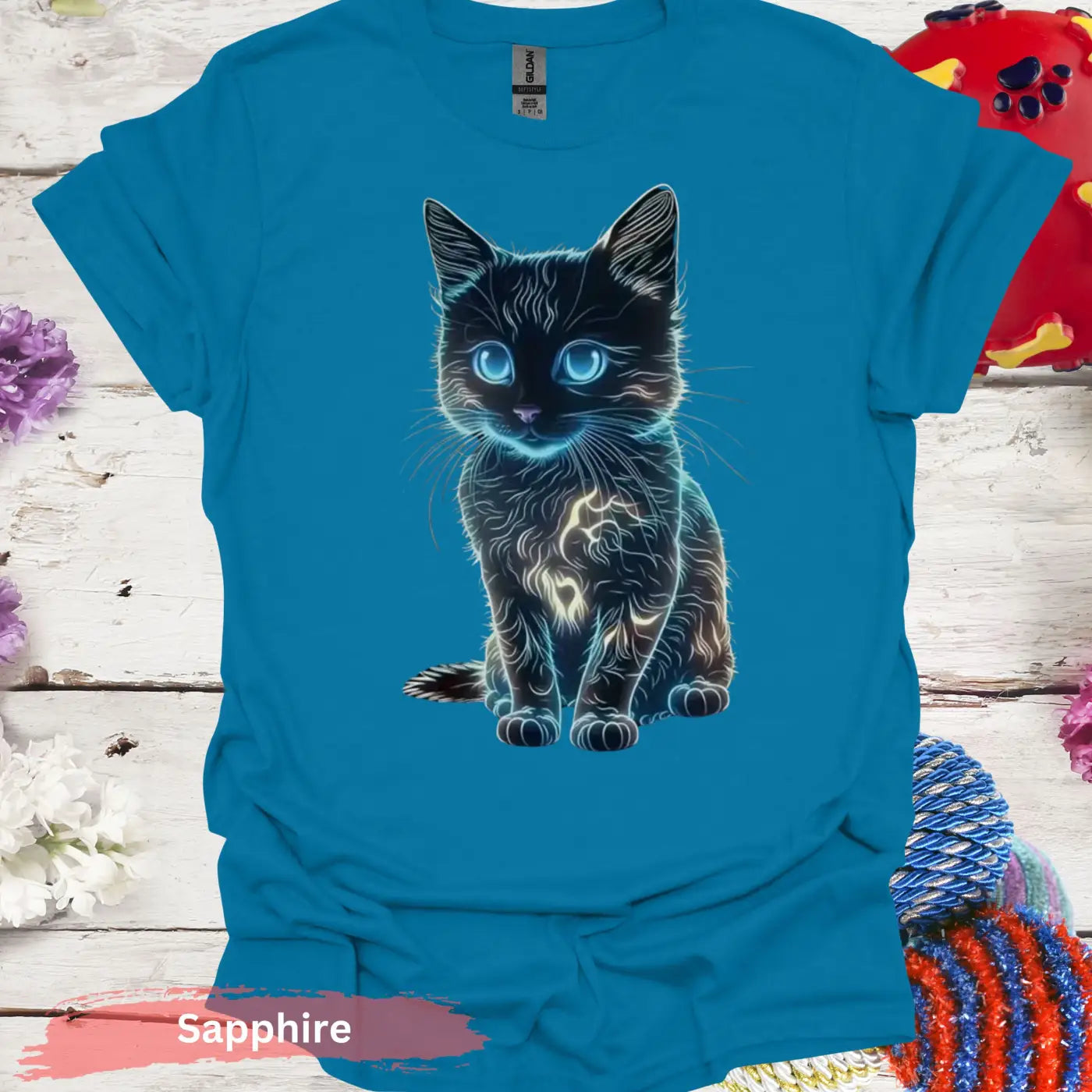 Glowing Neon Cat T-shirt - S / Sapphire - Physical Item