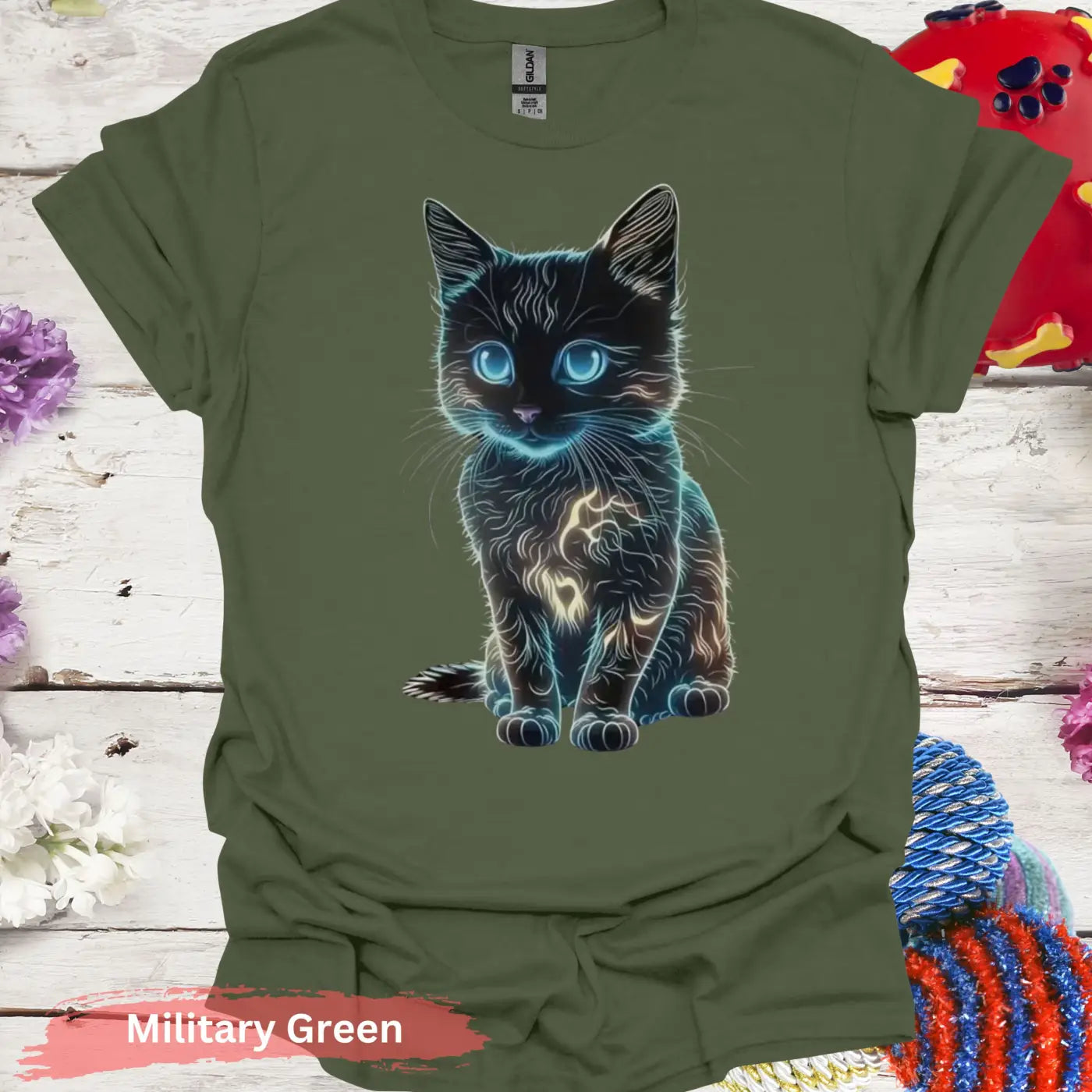 Glowing Neon Cat T-shirt - S / Military Green - Physical Item