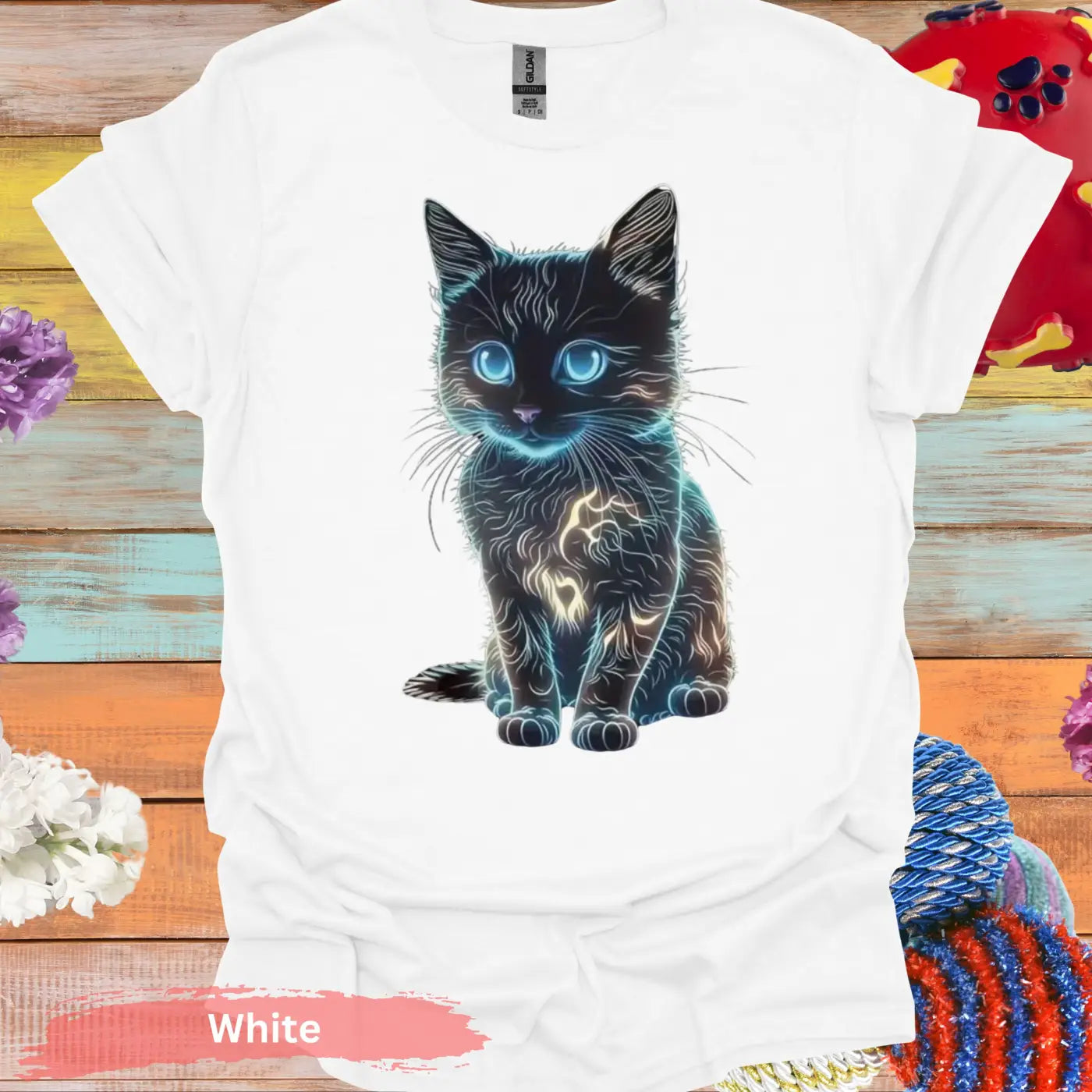 Glowing Neon Cat T-shirt - S / White - Physical Item