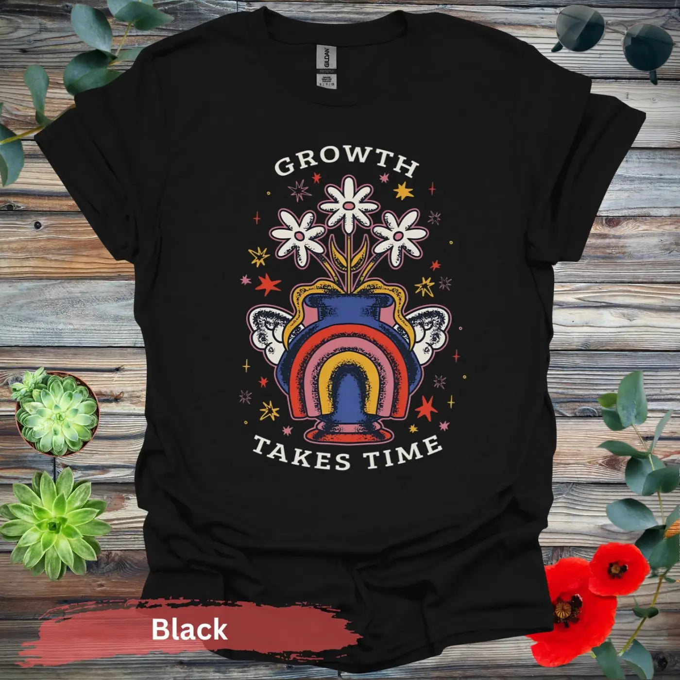 Growth Takes Time Rainbow Floral T-shirt - S / Black - Physical Item