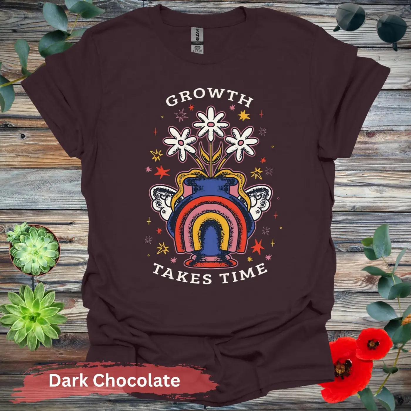 Growth Takes Time Rainbow Floral T-shirt - S / Dark Chocolate - Physical Item