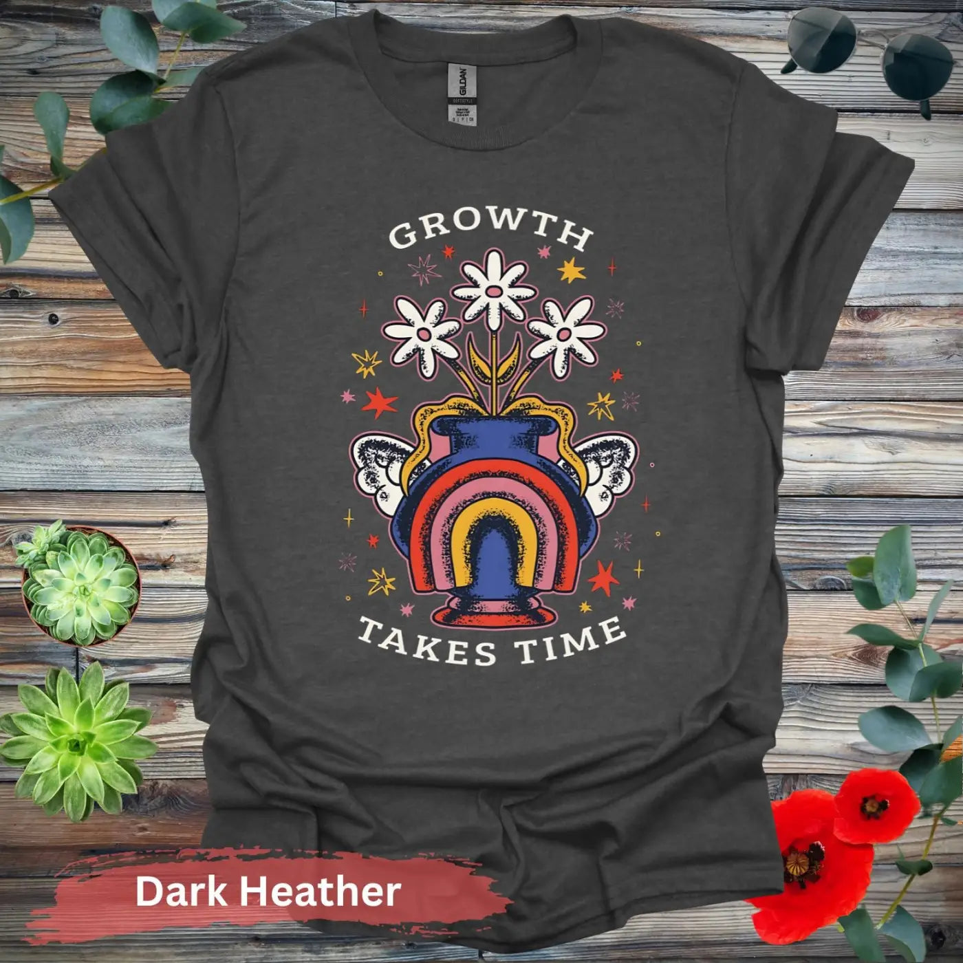 Growth Takes Time Rainbow Floral T-shirt - S / Dark Heather - Physical Item