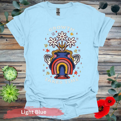 Growth Takes Time Rainbow Floral T-shirt - S / Light Blue - Physical Item