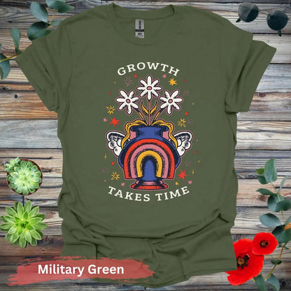 Growth Takes Time Rainbow Floral T-shirt - S / Military Green - Physical Item