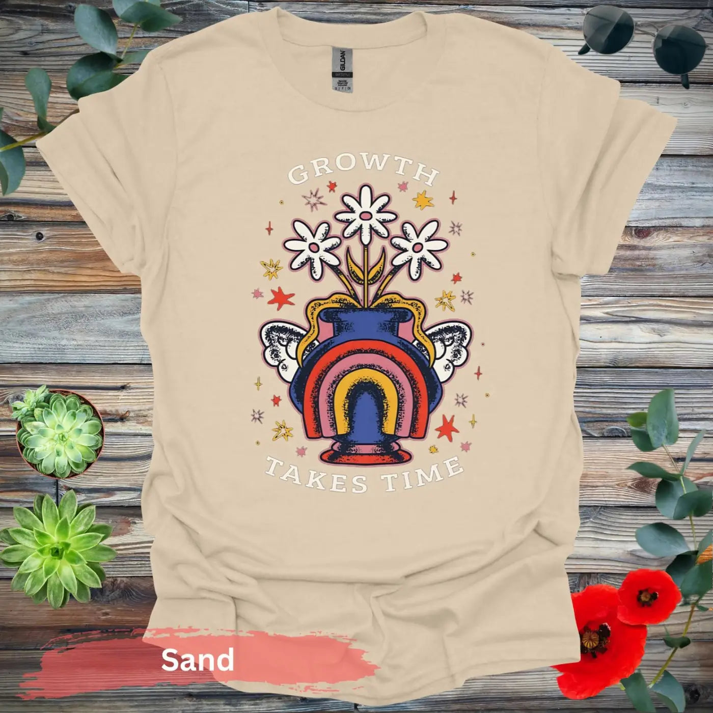 Growth Takes Time Rainbow Floral T-shirt - S / Sand - Physical Item