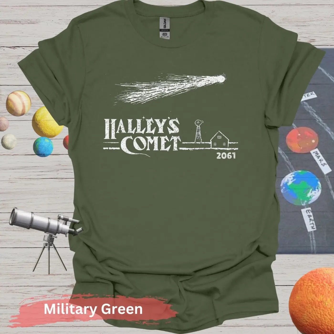 Halley’s Comet 2061: Celestial Encounter T-Shirt - Military Green / S - Physical Item