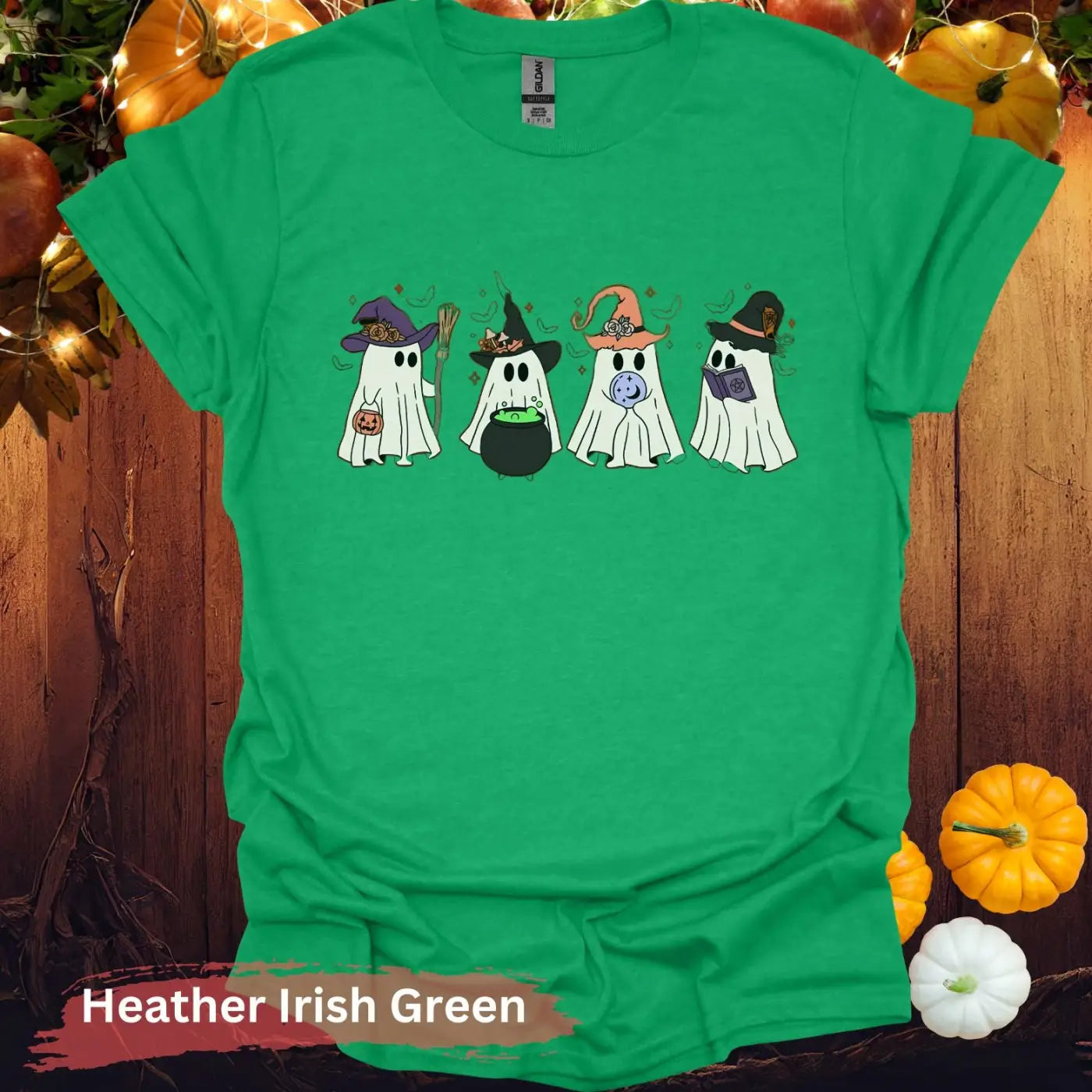 Halloween Themed Cute Ghosts Witches Unisex T-Shirt - Heather Irish Green / S - Physical Item