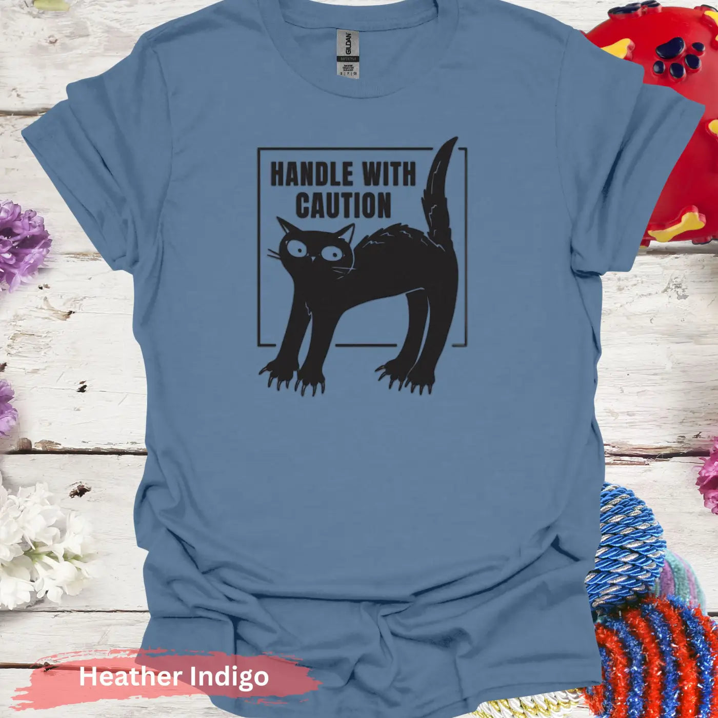 Handle With Caution Black Cat T-shirt - S / Heather Indigo - Physical Item