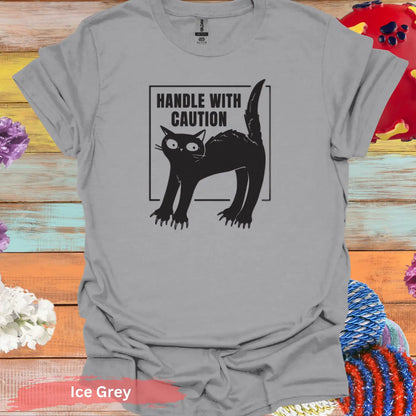 Handle With Caution Black Cat T-shirt - S / Ice Grey - Physical Item