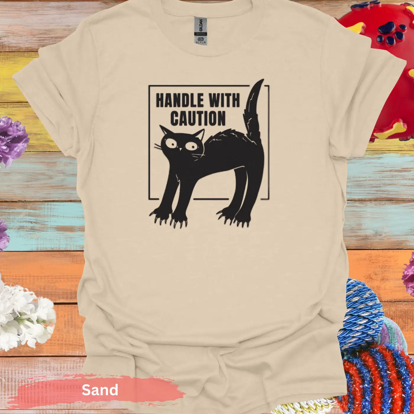 Handle With Caution Black Cat T-shirt - S / Sand - Physical Item