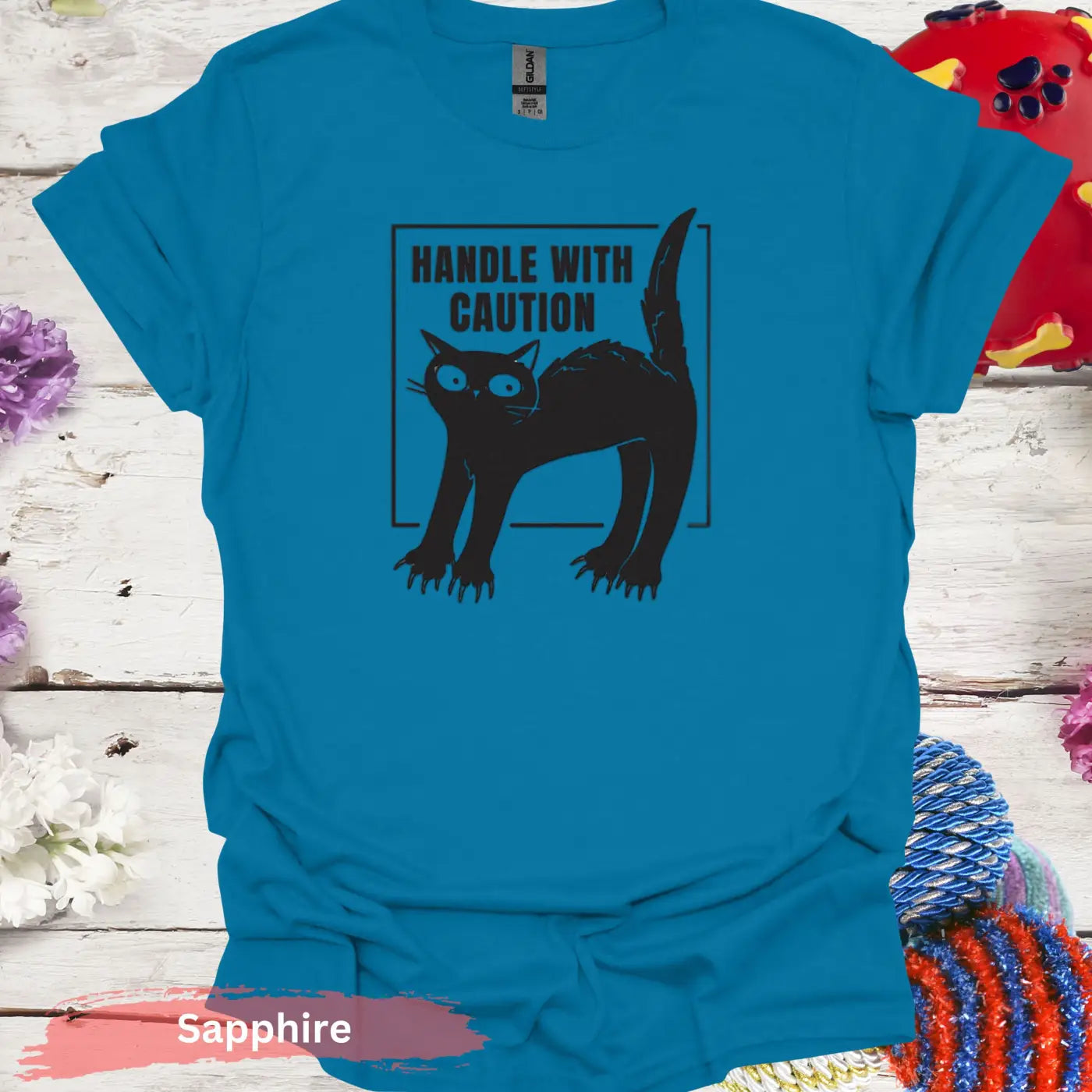 Handle With Caution Black Cat T-shirt - S / Sapphire - Physical Item