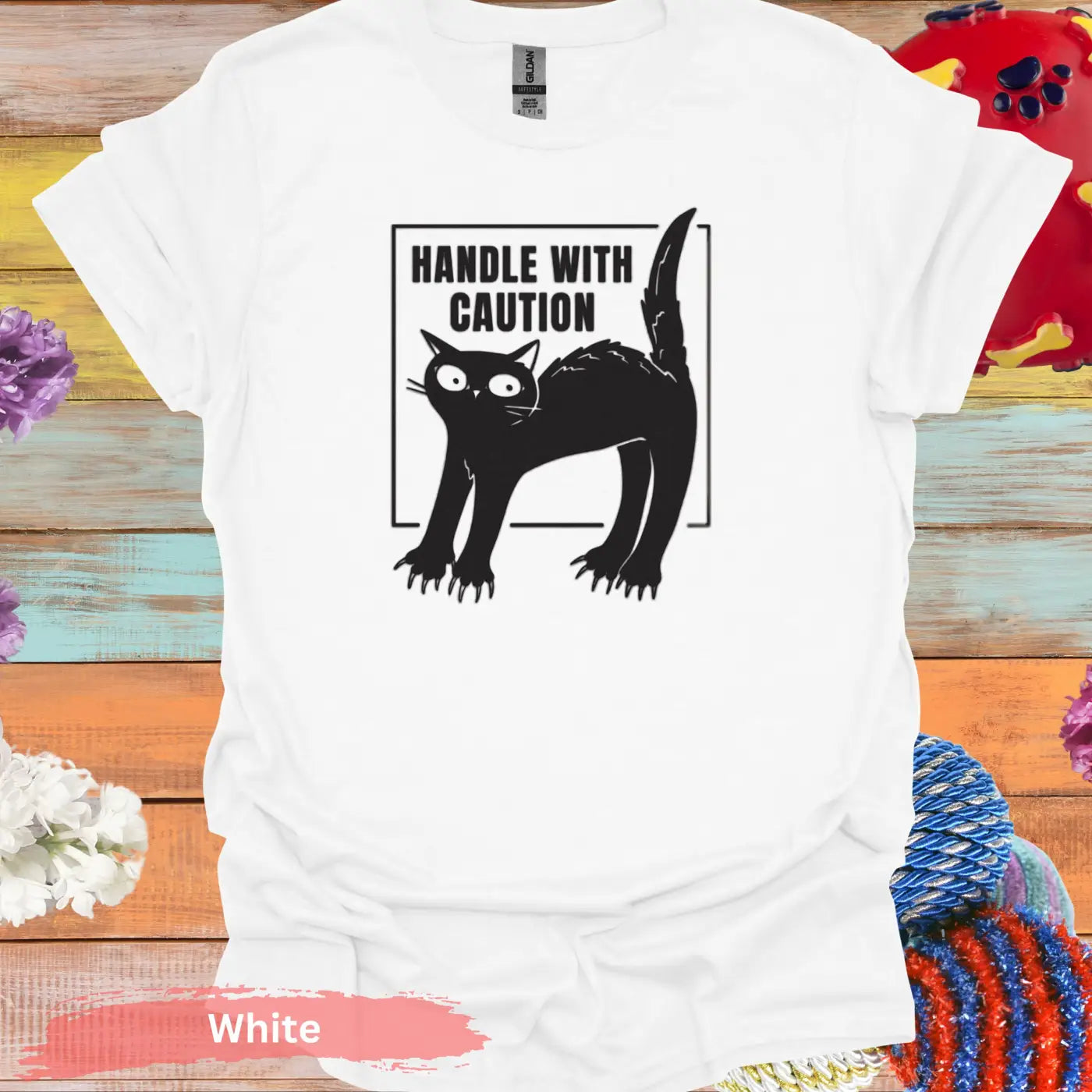 Handle With Caution Black Cat T-shirt - S / White - Physical Item