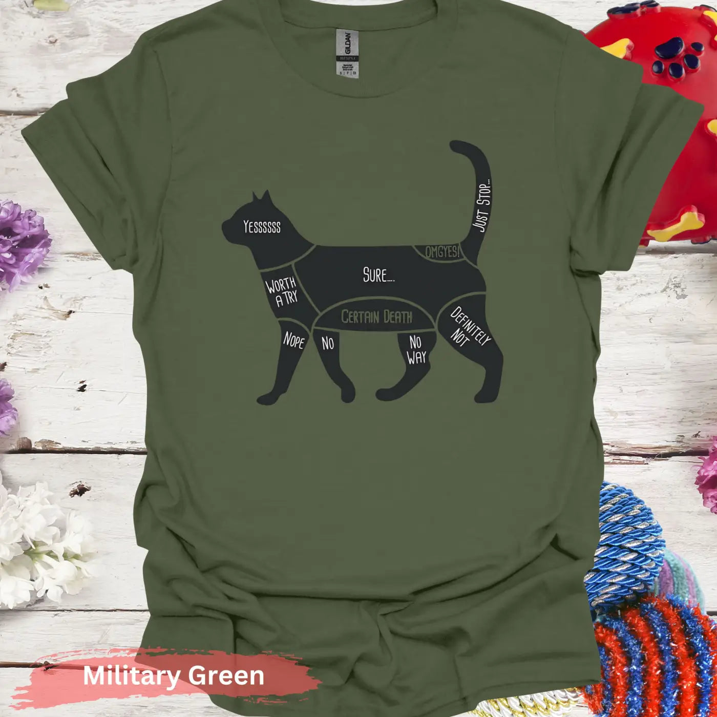 Cat Petting Chart T-shirt - S / Military Green - Physical Item