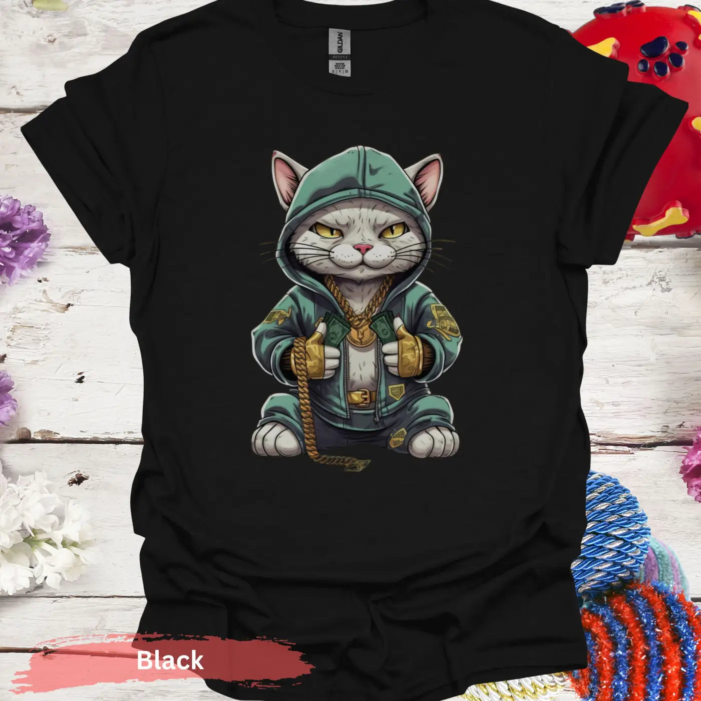 Hip Hop Cat in Hoodie T-Shirt - S / Black - Physical Item