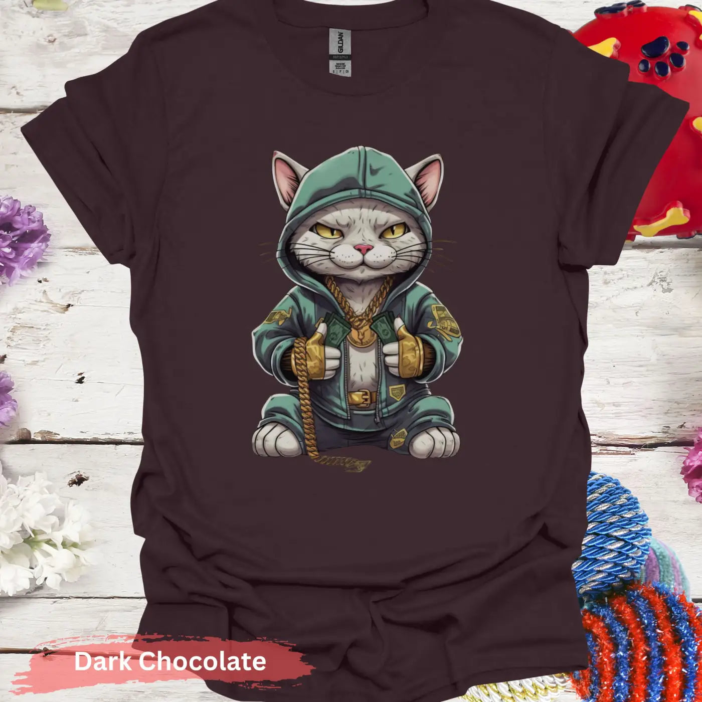 Hip Hop Cat in Hoodie T-Shirt - S / Dark Chocolate - Physical Item