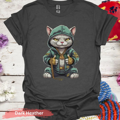 Hip Hop Cat in Hoodie T-Shirt - S / Dark Heather - Physical Item